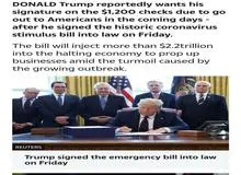 امضای ترامپ روی چک کمک ۱۲۰۰ دلاری به شهروندان امریکایی