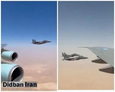 اسکورت هواپیمای ترامپ توسط جنگندههای آمریکا در آسمان عربستان + فیلم