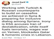 ظریف: در راستای تقویت آتش بس سوریه درحال همکاری با همتایان ترک و روس هستیم