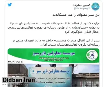 بعد از انحلال جمعیت امام علی (ع)؛ وزارت کشور دولت روحانی از فعالیت‌ «موسسه خیریه‌ معلولین باور سبز» هم جلوگیری کرد

